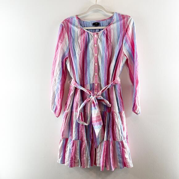 J. Crew Belted Button Up Long Sleeve Mini Dress in Pastel Stripe Purple Pink M - Picture 4 of 10